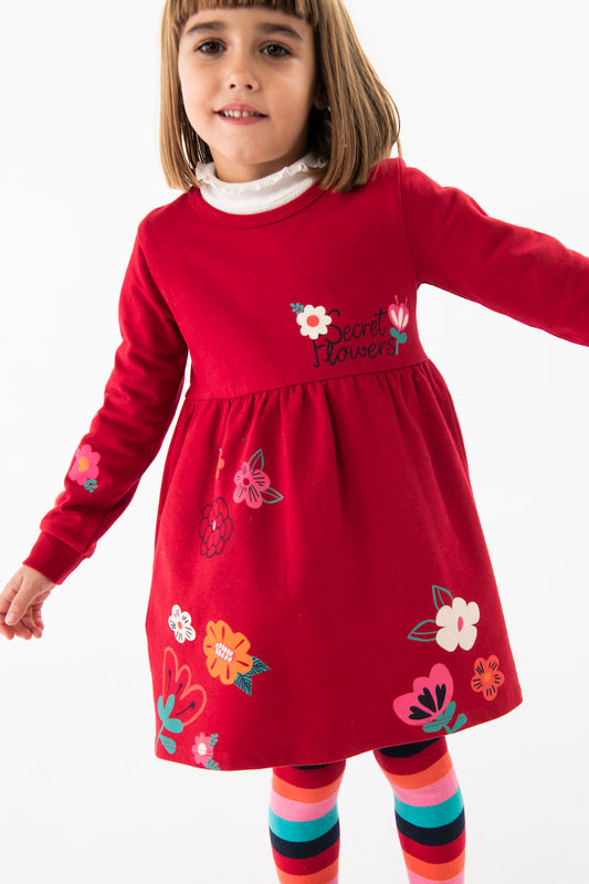 Vestido rojo de felpa con mallas de colores para mini niña