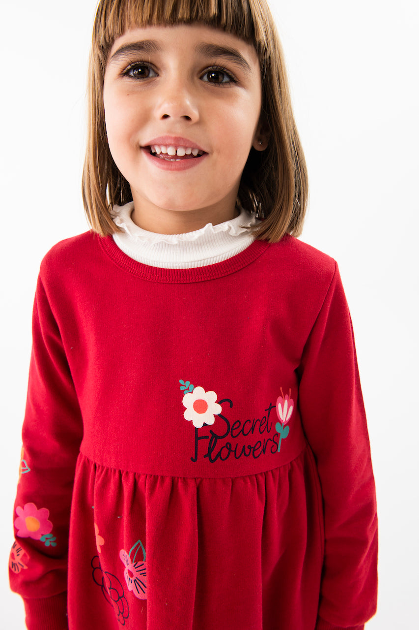 Vestido rojo de felpa con mallas de colores para mini niña