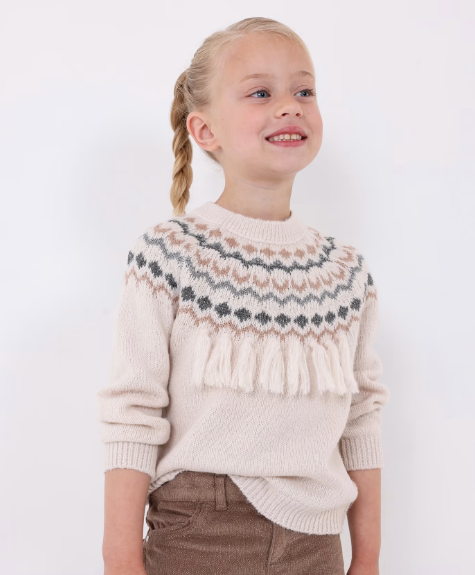 Suéter jacquard beige con flecos mini niña