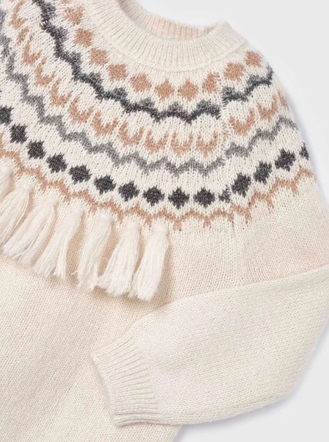 Suéter jacquard beige con flecos mini niña