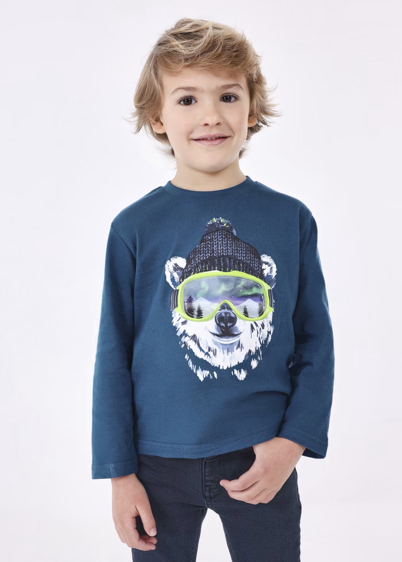 Playera azul de manga larga interactiva oso mini niño