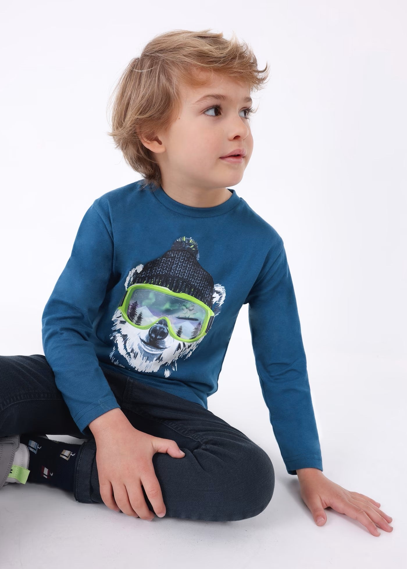 Playera azul de manga larga interactiva oso mini niño