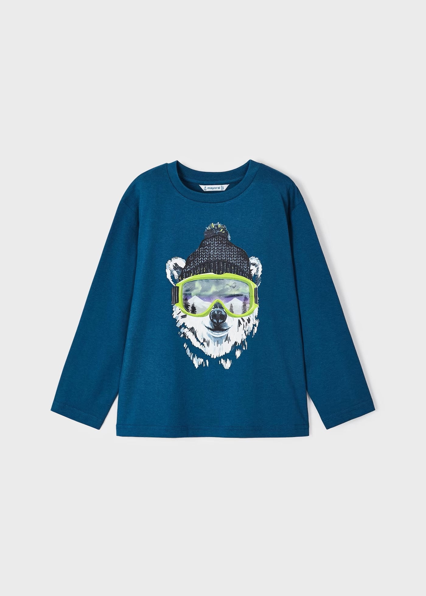 Playera azul de manga larga interactiva oso mini niño