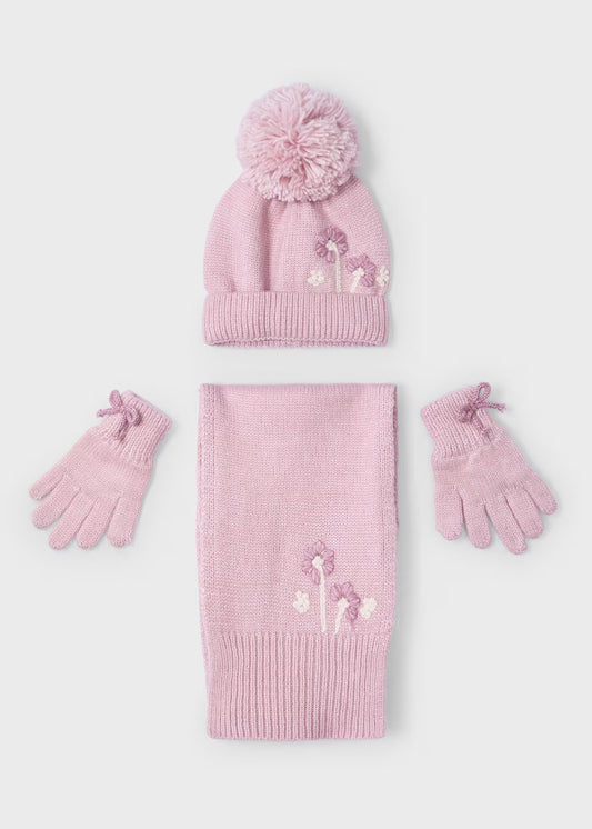 Set gorro, bufanda y guantes rosa para mini niña