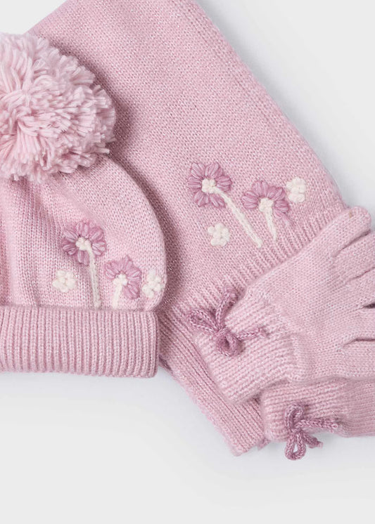 Set gorro, bufanda y guantes rosa para mini niña