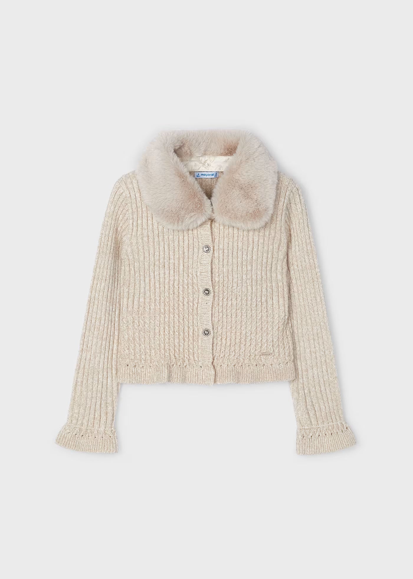 Suéter beige con cuello pelo desmontable para mini niña