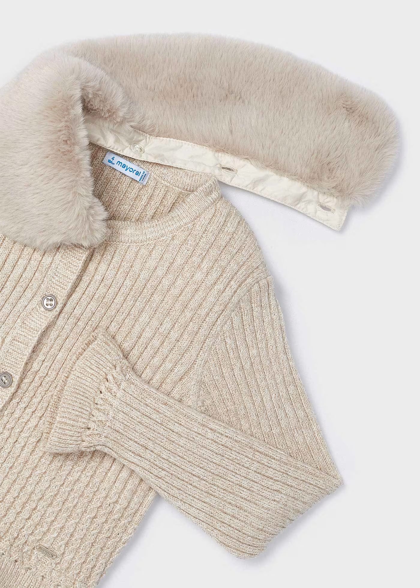 Suéter beige con cuello pelo desmontable para mini niña