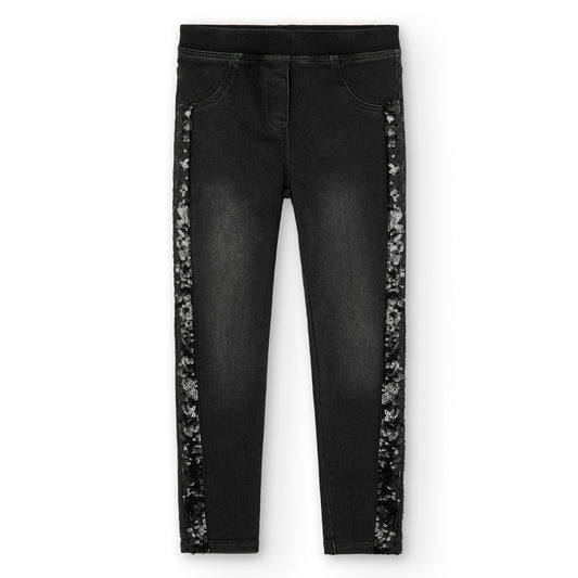 Pantalón negro denim stretch lentejuelas niña jr